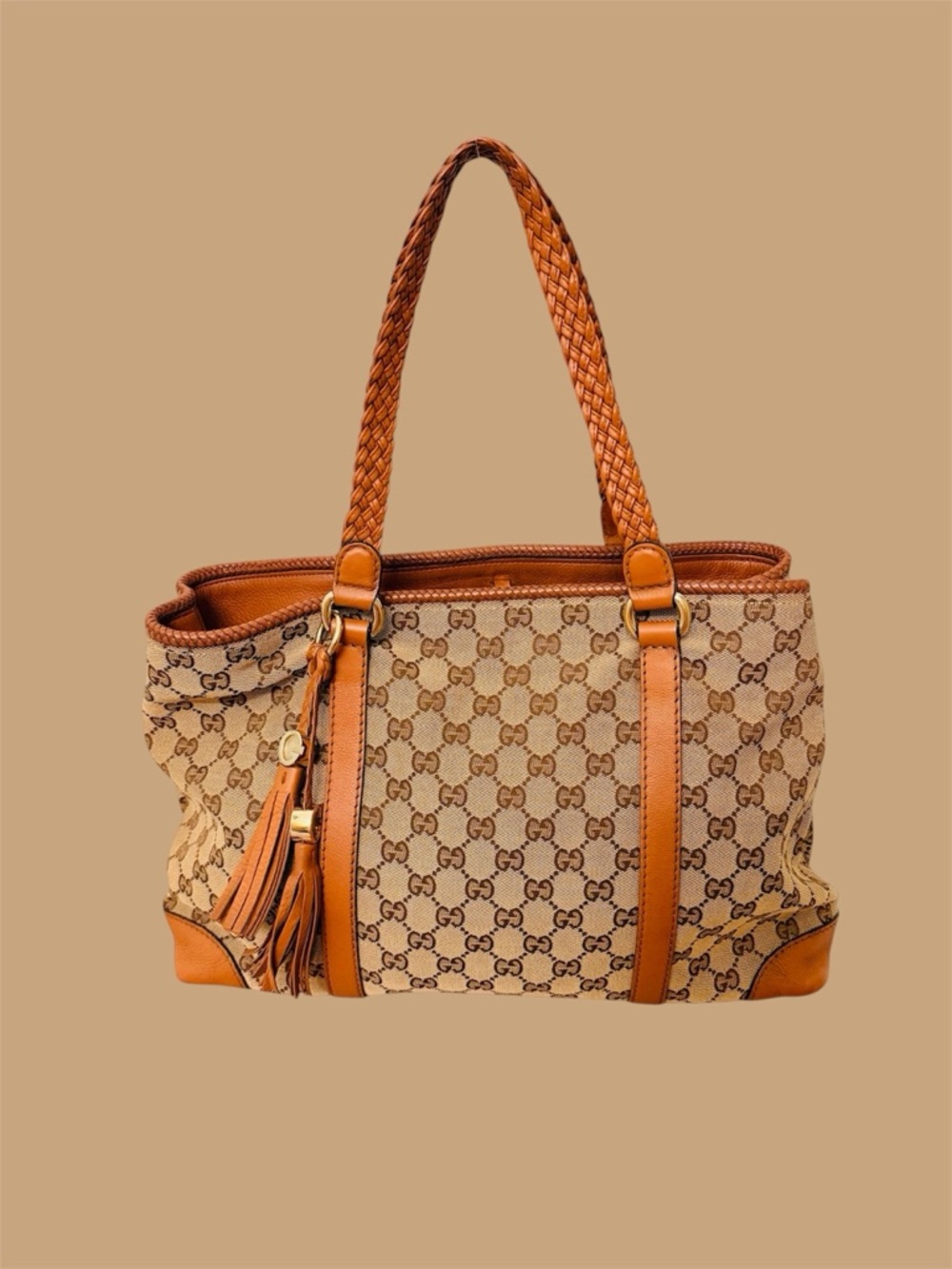 Gucci Tan & Brown Monogram Tote with Braided Handles